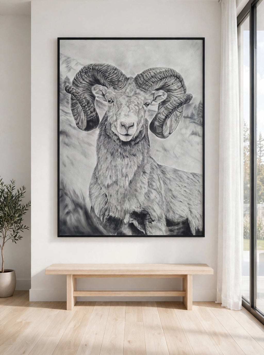 Curly Q in a black floating frame, shown in a modern white room