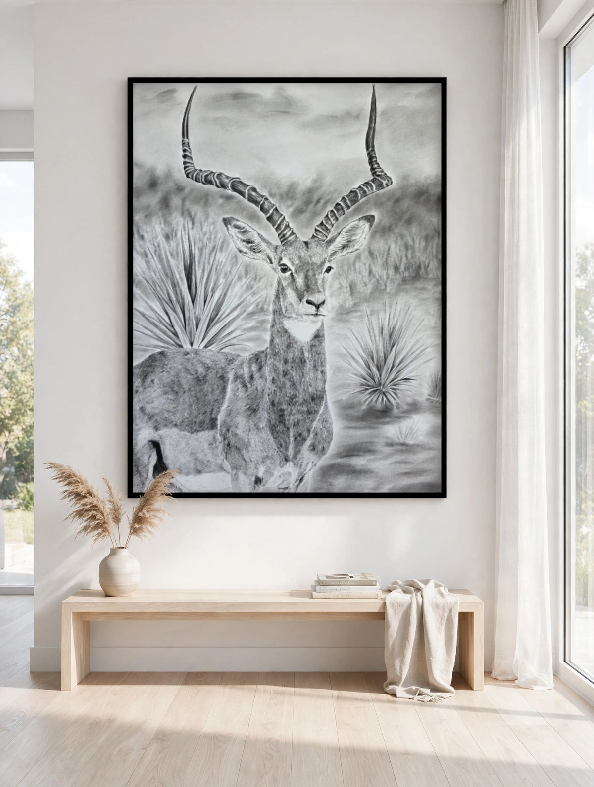 Golden Gaze in a black floating frame, shown in a modern white room