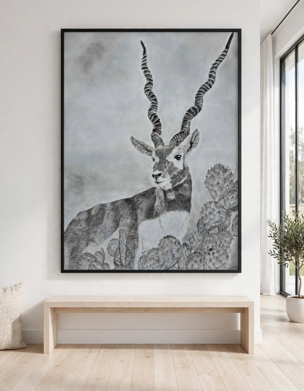 Midnight Spiral in a black floating frame, shown in a modern white room