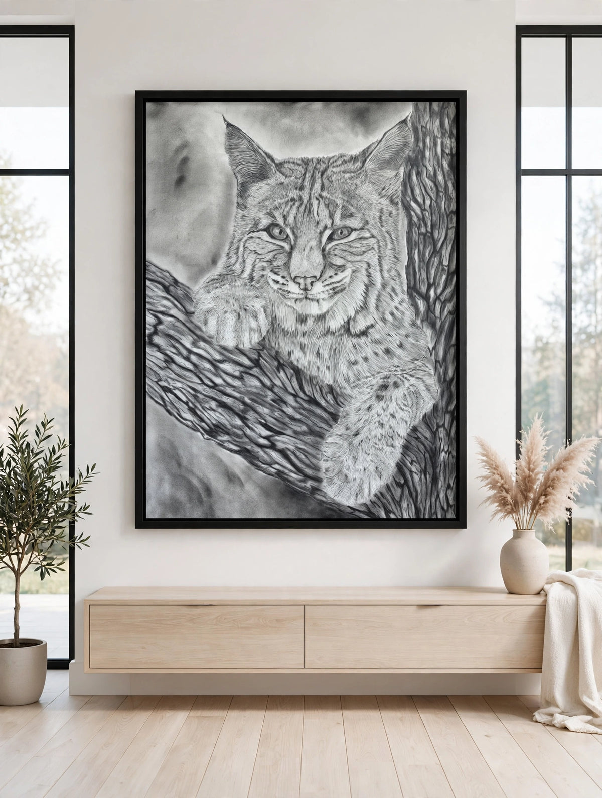 Peek a Boo in a black floating frame, shown in a modern white room
